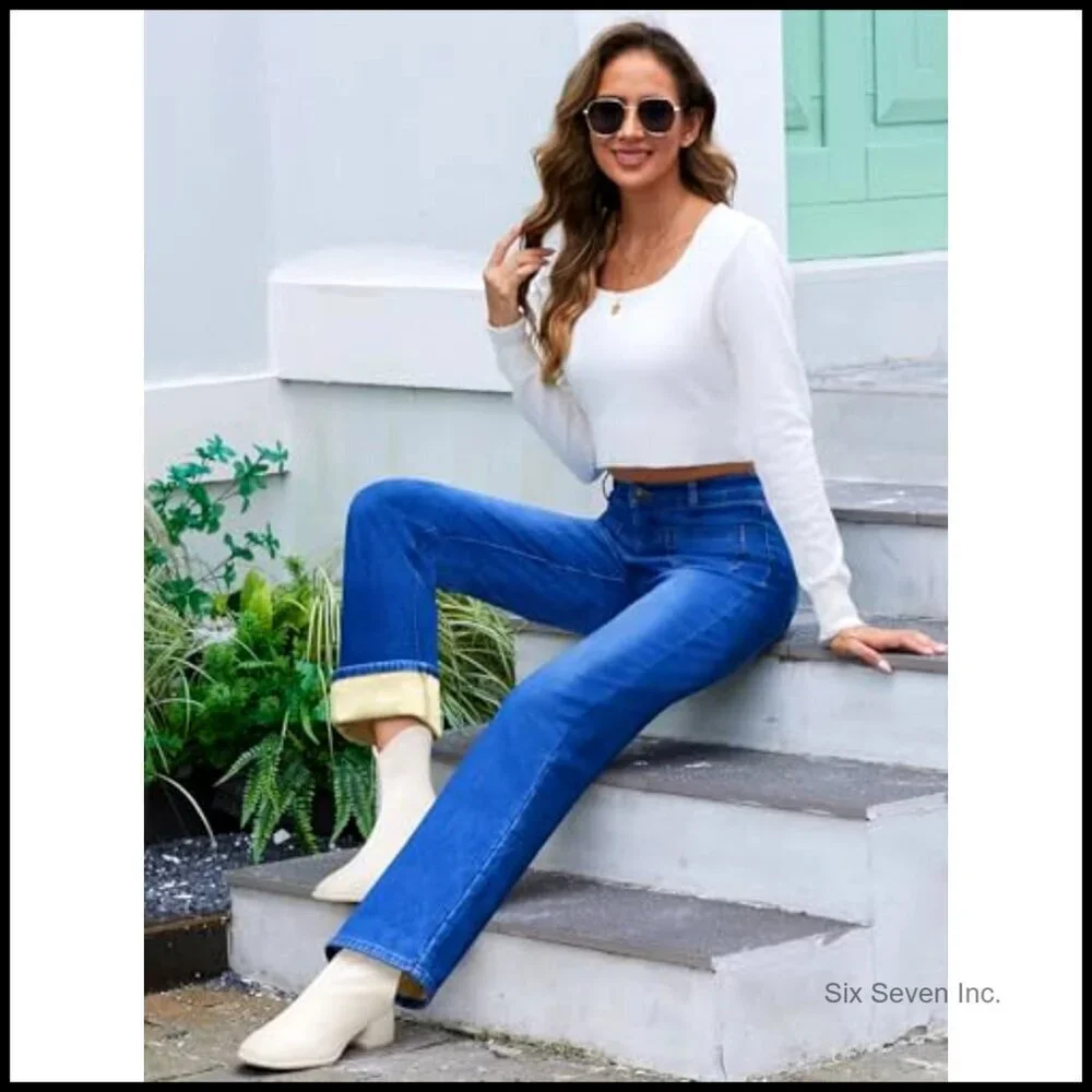 Fleece Lined Straight Leg Jeans High Waist Winter Denim Pants Women
